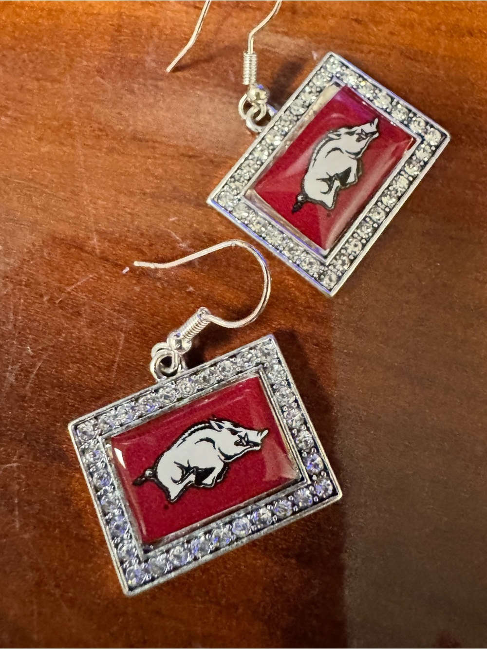 Silver Rhinestone Arkansas Razorbacks Red Drop Earrings